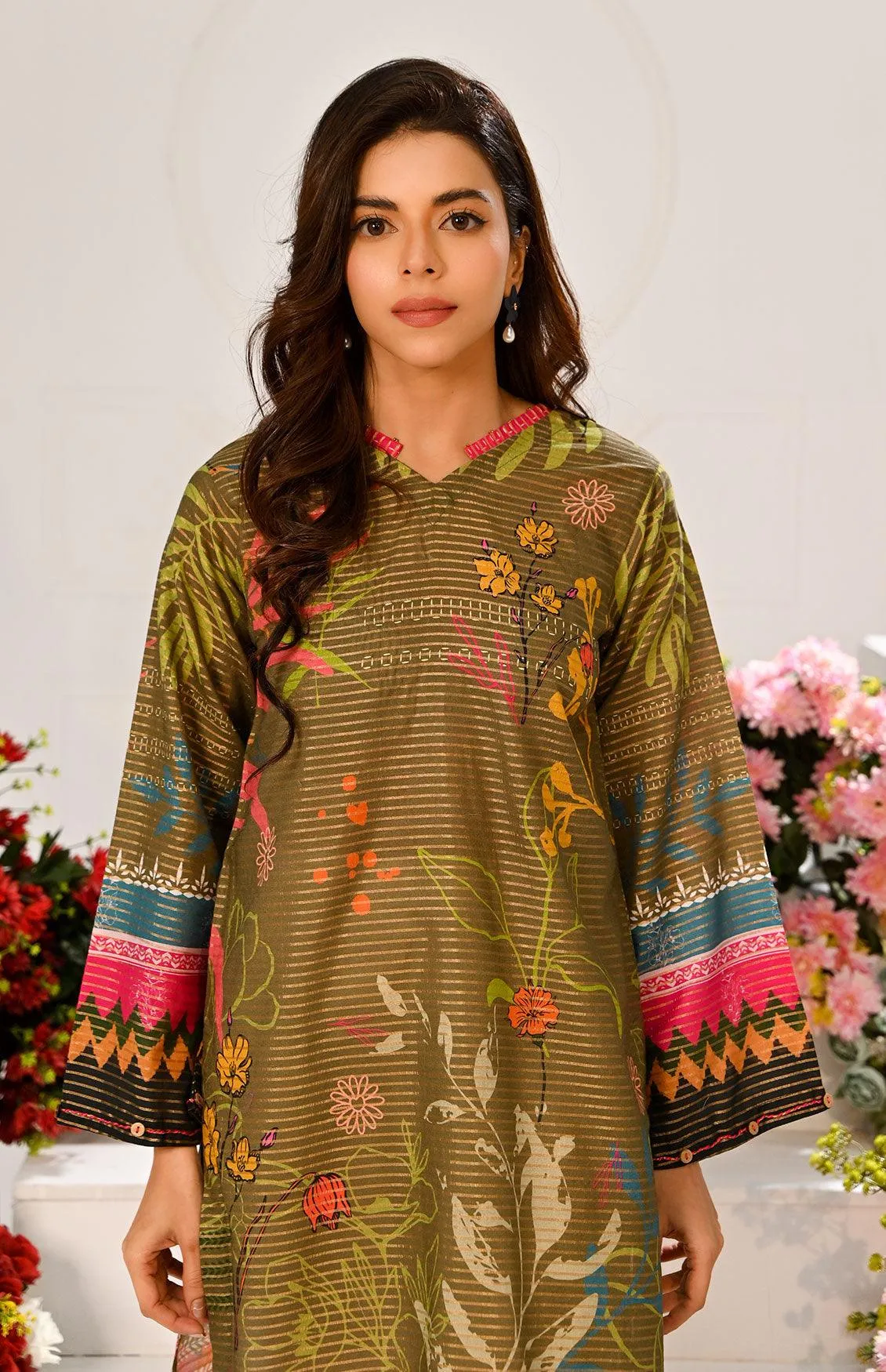 1 Pc | RTW | Digital Printed Chic n grey Lawn Shirt With Gold Zari