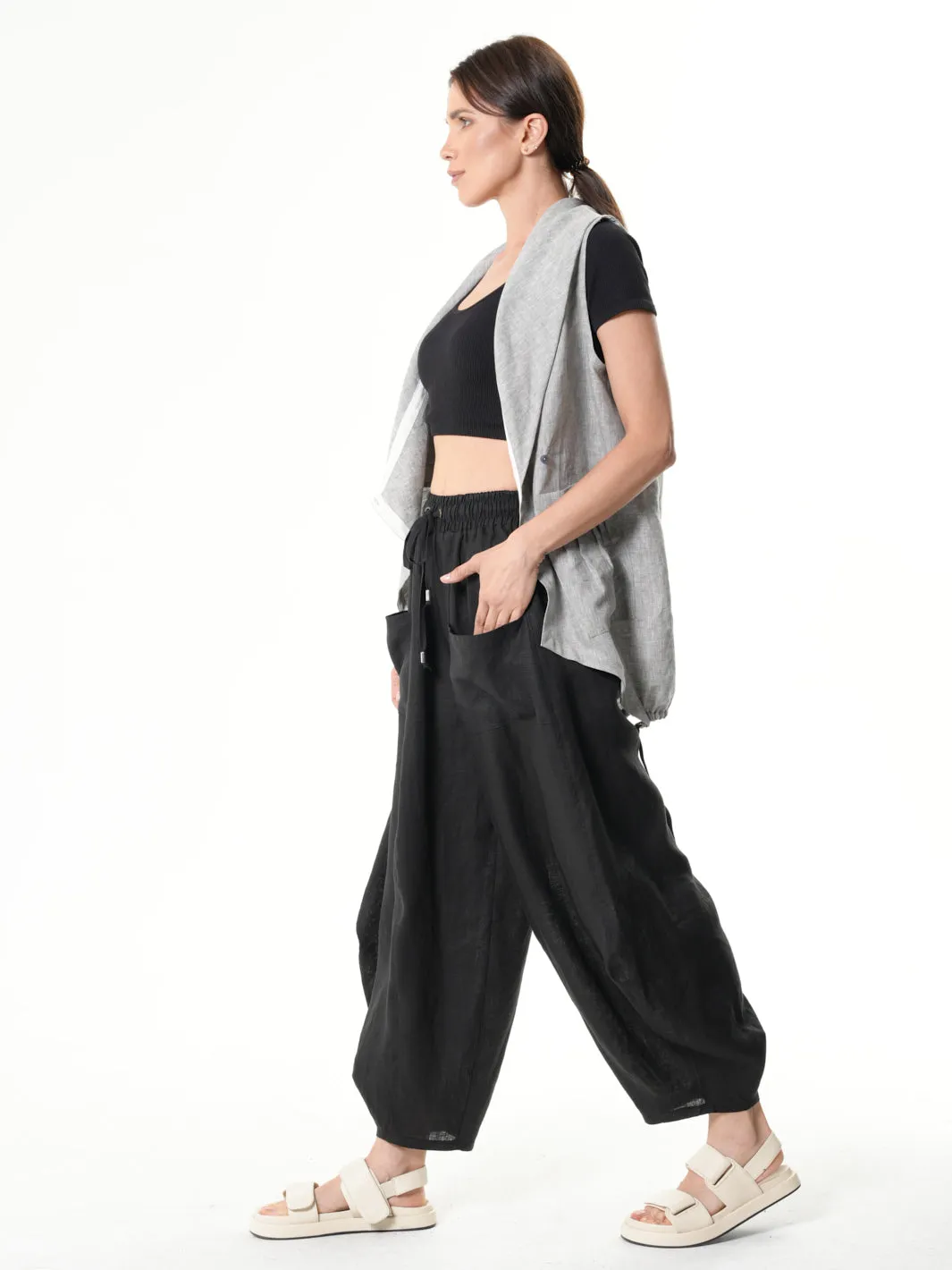 Asymmetric Linen Top In Gray