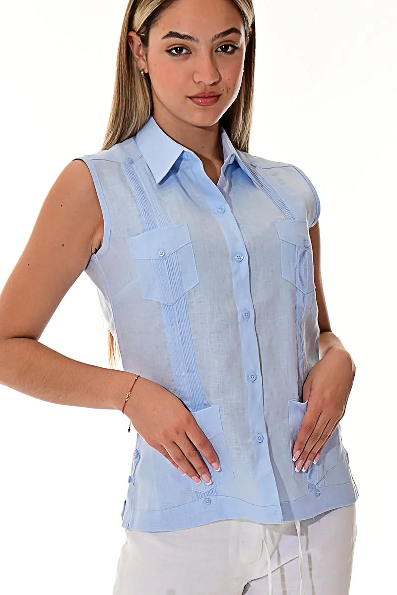 Azucar Ladies 100% Soft Linen Traditional (4) Pocket Guayabera Blouse in (5) Colors- LLGB3006