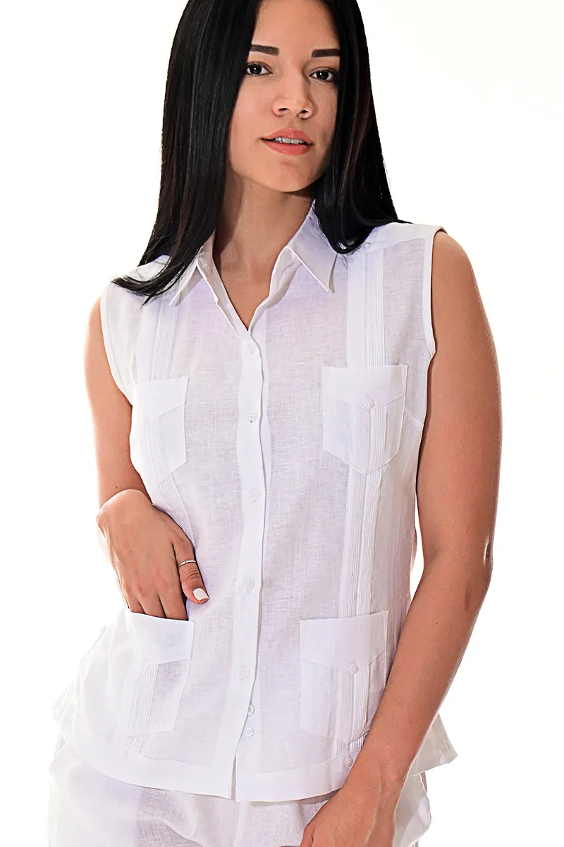 Azucar Ladies 100% Soft Linen Traditional (4) Pocket Guayabera Blouse in (5) Colors- LLGB3006