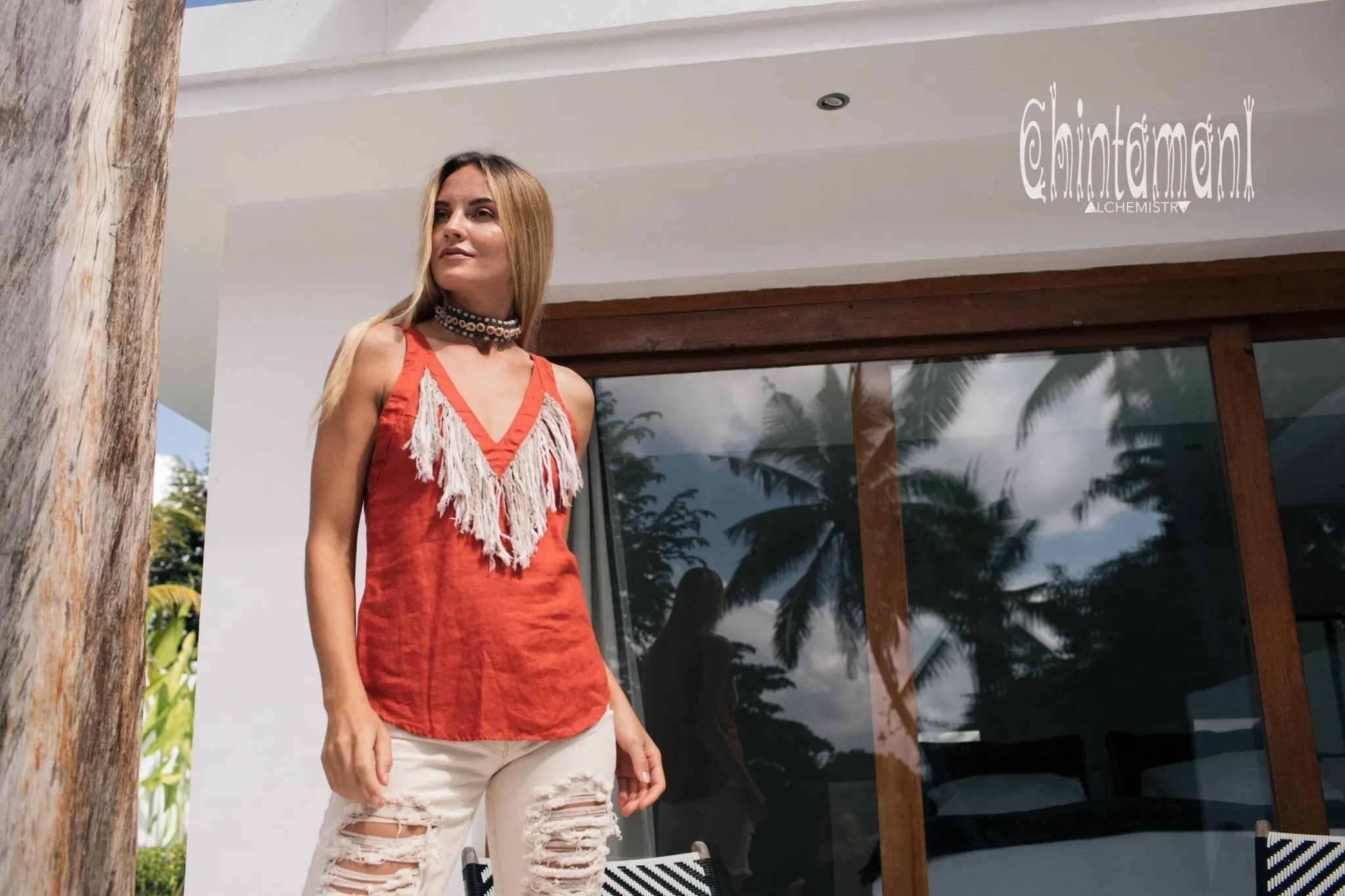 Backless Linen Boho Top with Fringes / Red Ochre