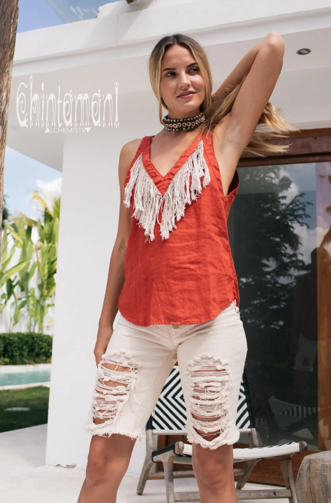 Backless Linen Boho Top with Fringes / Red Ochre