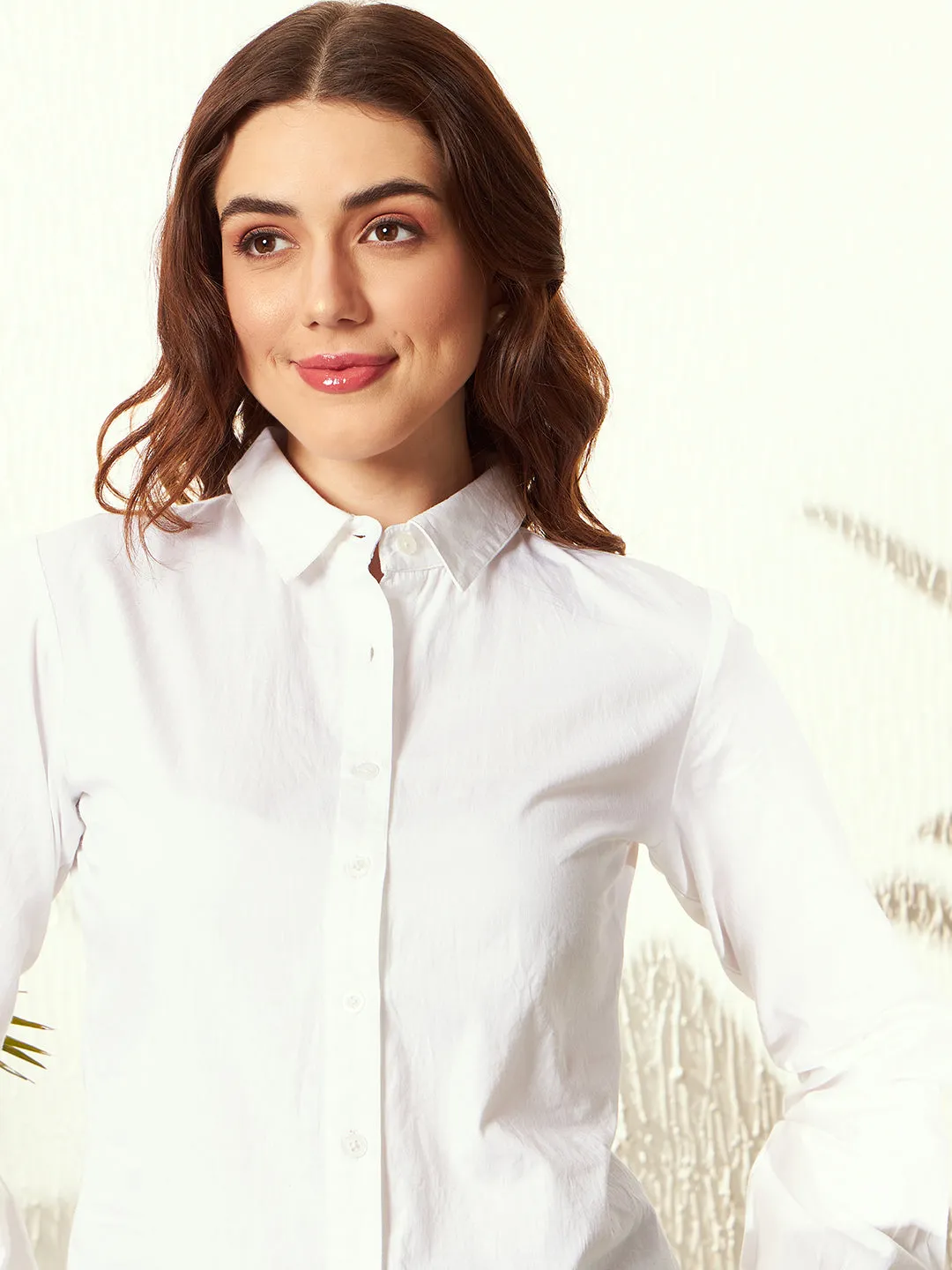 Berrylush Women Solid White Spread Collar Neck Cuff Sleeves Button-Up Cotton Straight Hem Regular Shirt