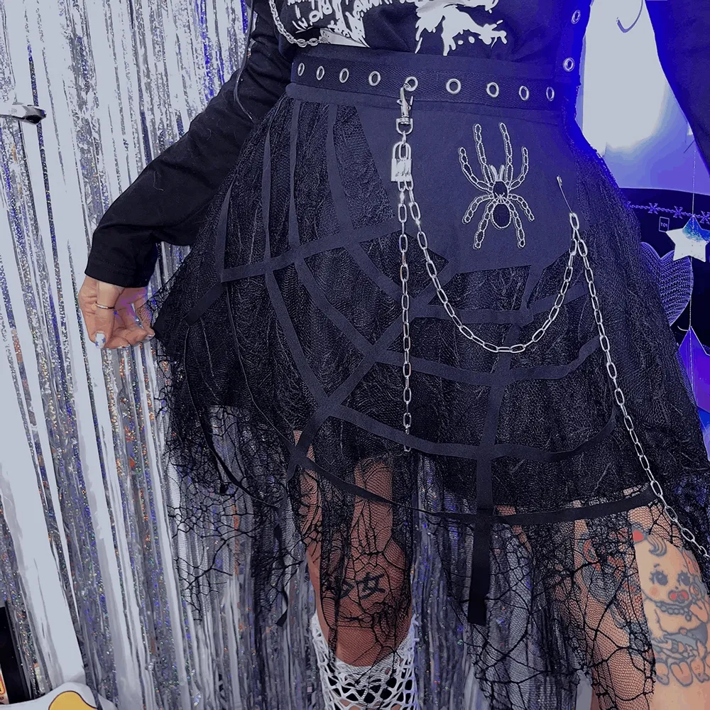 Black Punk Rock Gothic Girl Spider Silver Chain Lace Short Skirt