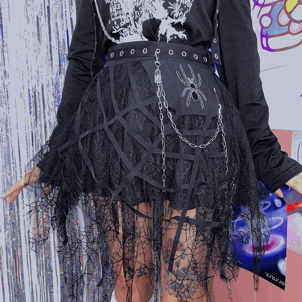 Black Punk Rock Gothic Girl Spider Silver Chain Lace Short Skirt