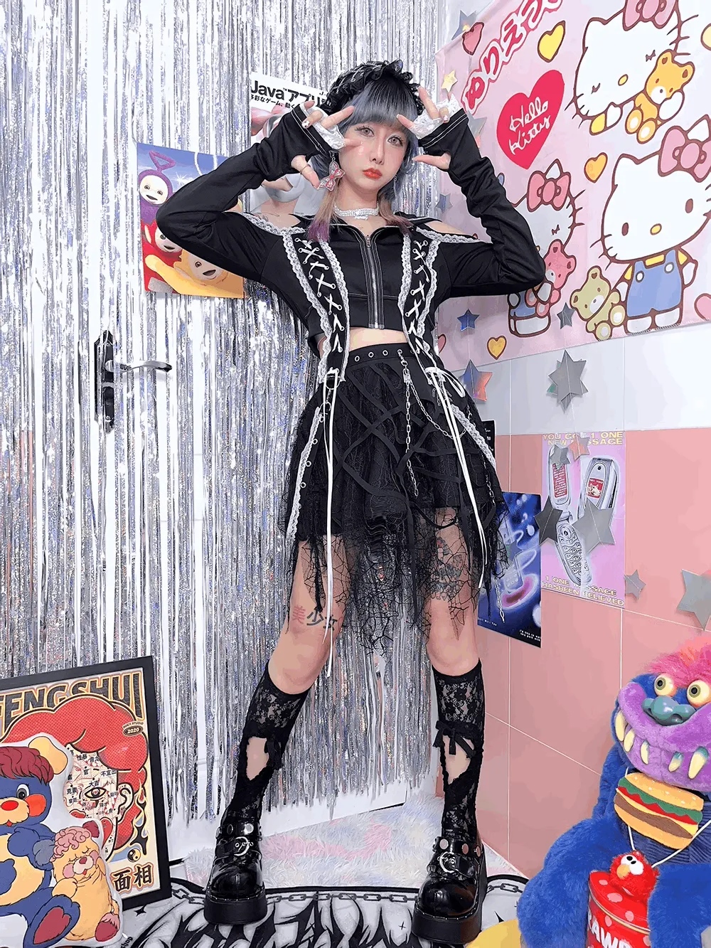 Black Punk Rock Gothic Girl Spider Silver Chain Lace Short Skirt