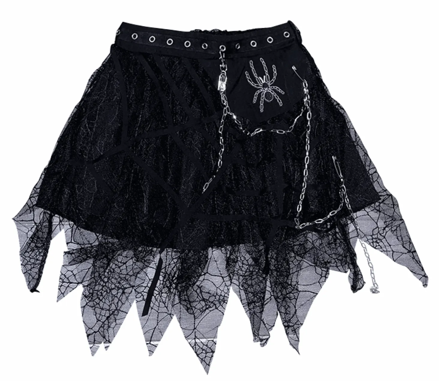 Black Punk Rock Gothic Girl Spider Silver Chain Lace Short Skirt