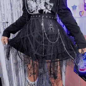 Black Punk Rock Gothic Girl Spider Silver Chain Lace Short Skirt