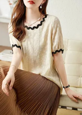 Bohemian Beige O-Neck Chiffon T Shirts Short Sleeve LY1525