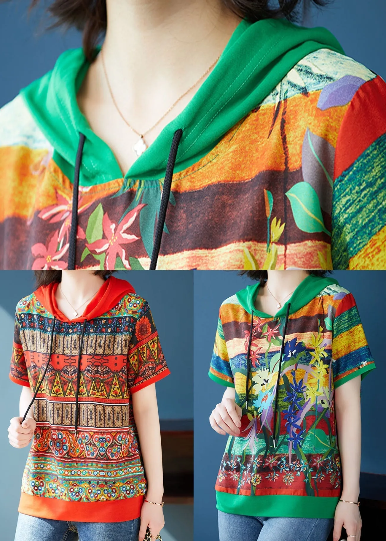 Bohemian Red Hooded Print Patchwork Chiffon T Shirts Tops Summer LY7568