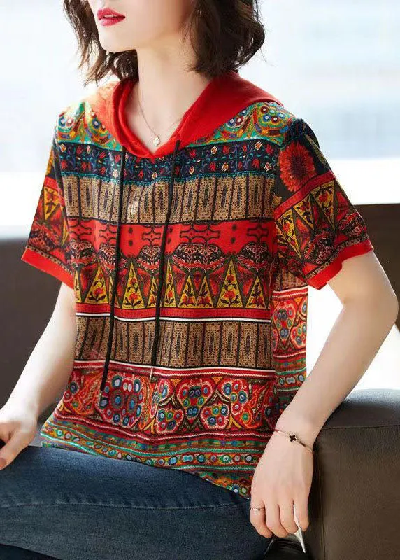 Bohemian Red Hooded Print Patchwork Chiffon T Shirts Tops Summer LY7568