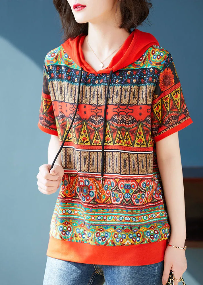 Bohemian Red Hooded Print Patchwork Chiffon T Shirts Tops Summer LY7568