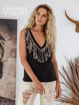 Boho Linen Tank Top with Fringes / Black