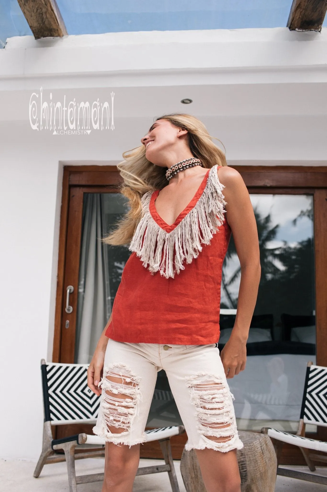 Boho Linen Tank Top with Fringes / Red Ochre