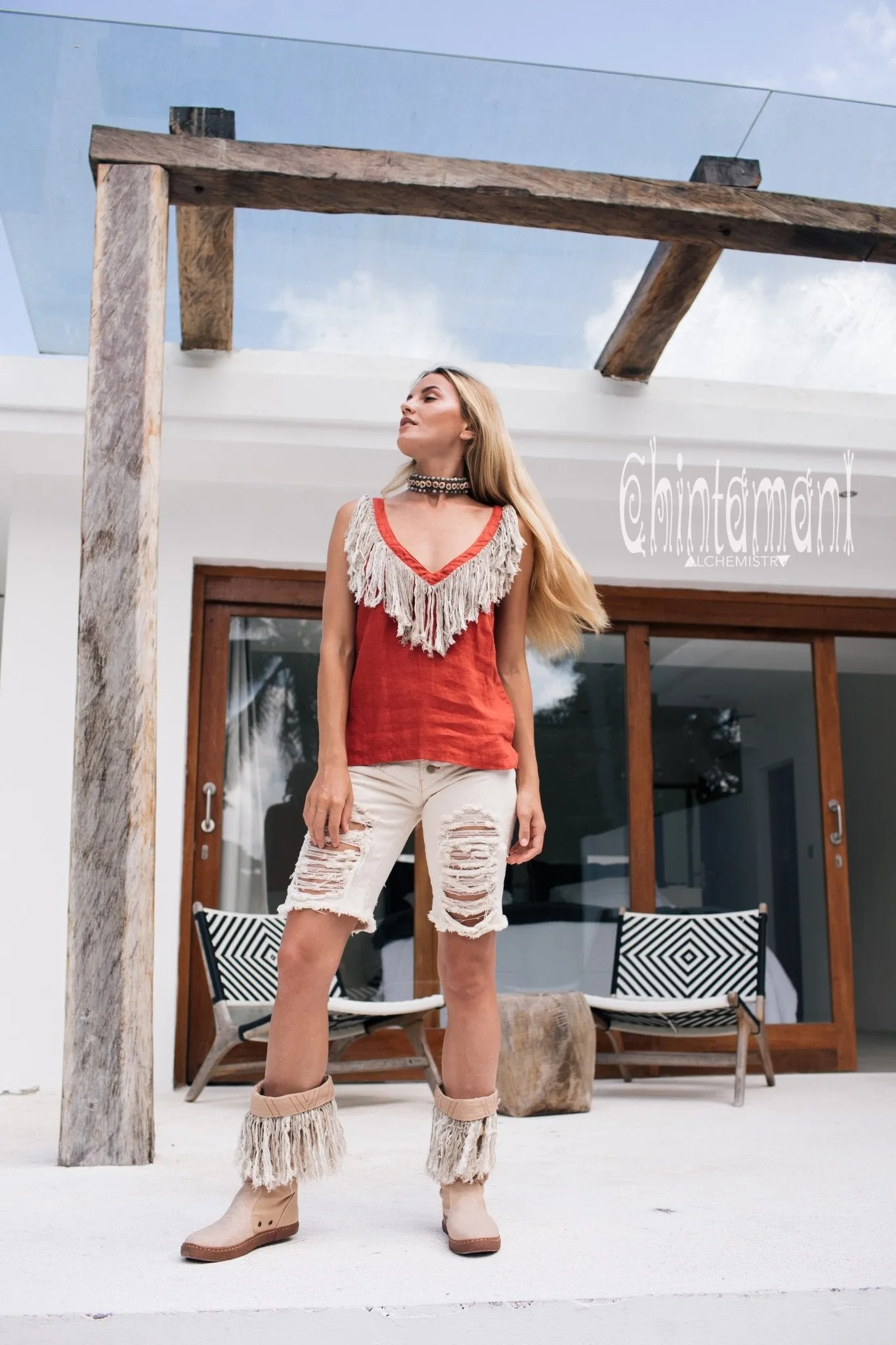 Boho Linen Tank Top with Fringes / Red Ochre