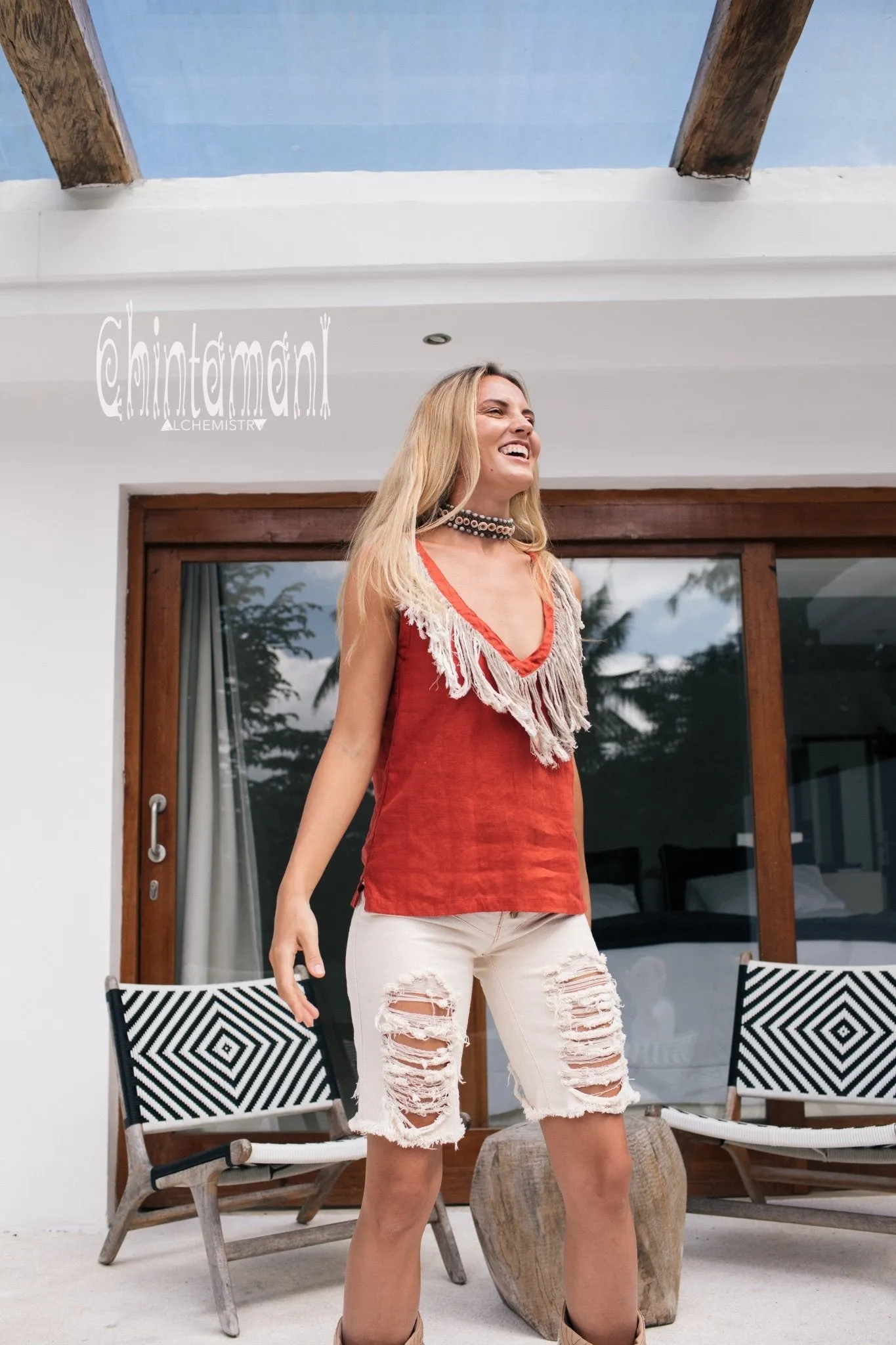 Boho Linen Tank Top with Fringes / Red Ochre