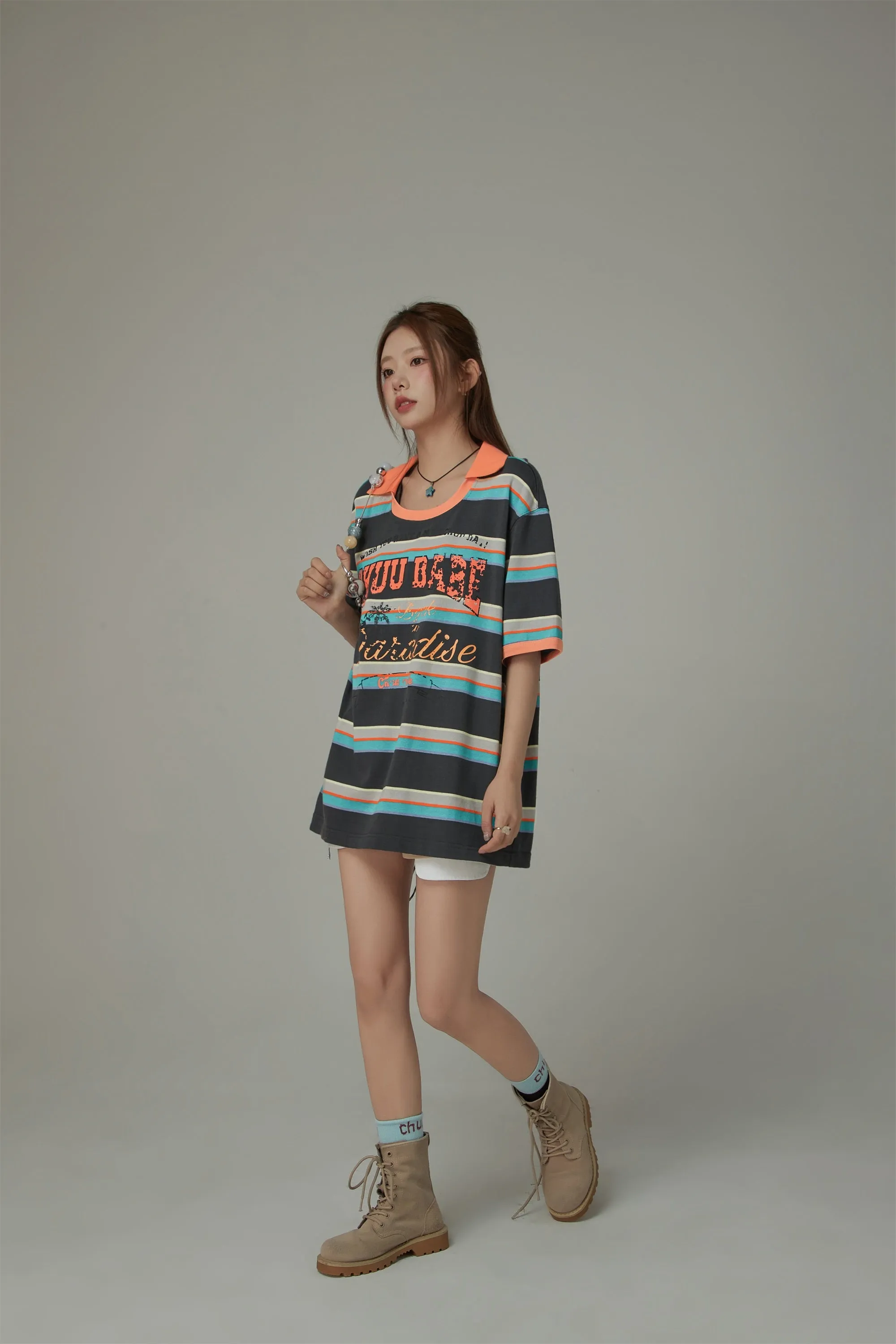 Chuu Babe Color Neck Line Stripe Loose Fit T-Shirt