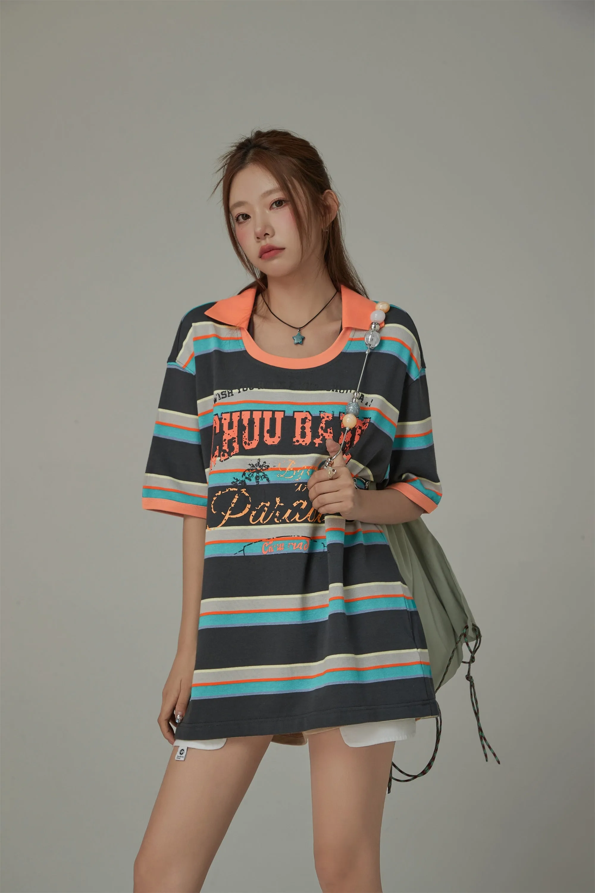 Chuu Babe Color Neck Line Stripe Loose Fit T-Shirt