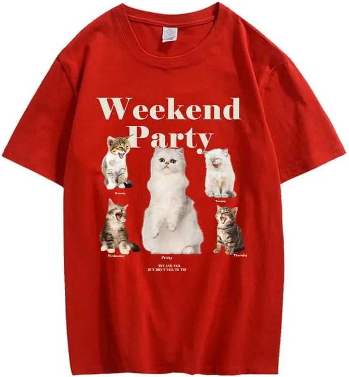 CORIRESHA Teen Cute Cat Graphic Crewneck Short Sleeve Casual Weekend Party T-Shirt