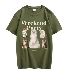 CORIRESHA Teen Cute Cat Graphic Crewneck Short Sleeve Casual Weekend Party T-Shirt