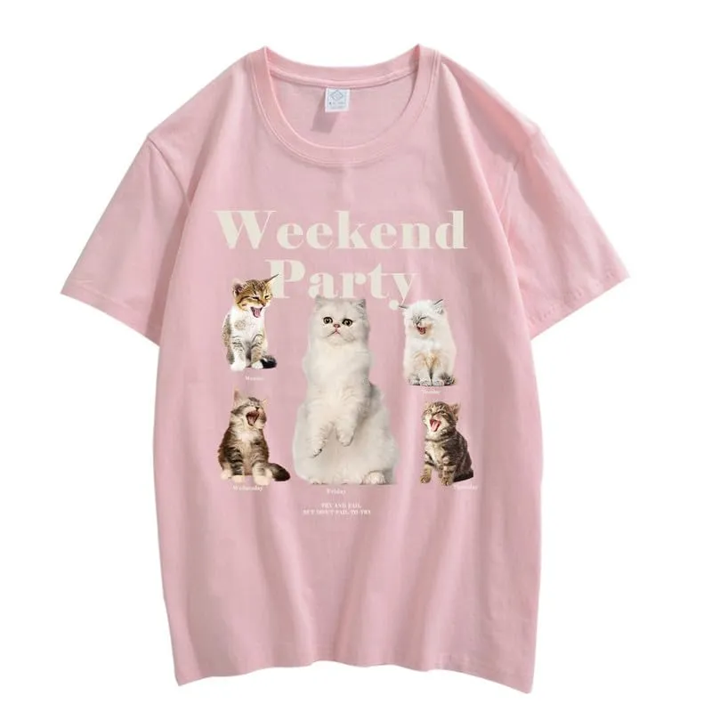 CORIRESHA Teen Cute Cat Graphic Crewneck Short Sleeve Casual Weekend Party T-Shirt