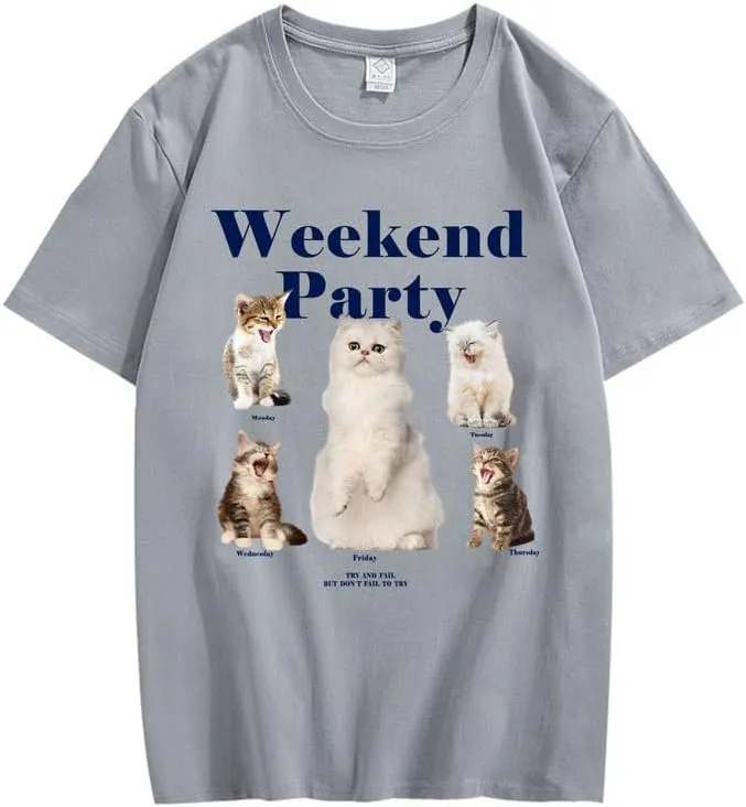 CORIRESHA Teen Cute Cat Graphic Crewneck Short Sleeve Casual Weekend Party T-Shirt