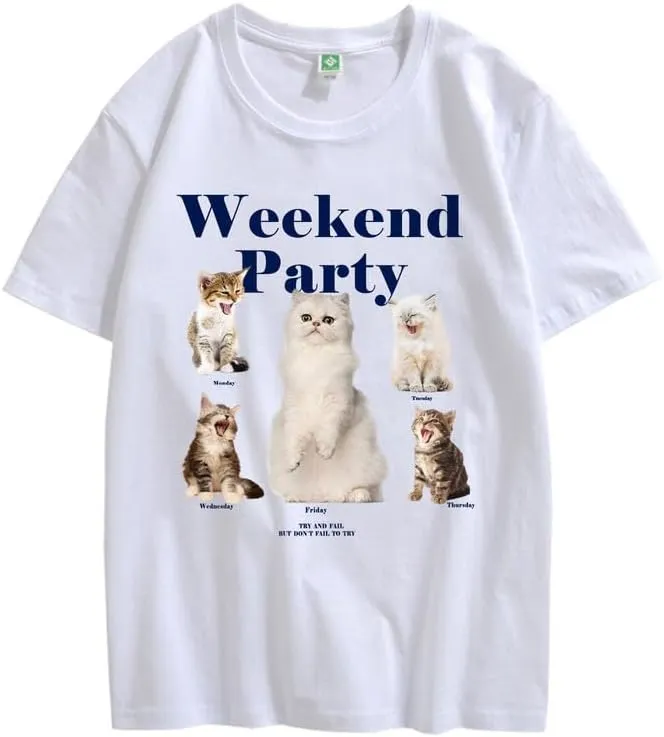 CORIRESHA Teen Cute Cat Graphic Crewneck Short Sleeve Casual Weekend Party T-Shirt