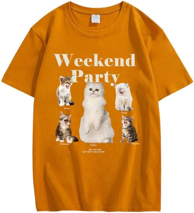 CORIRESHA Teen Cute Cat Graphic Crewneck Short Sleeve Casual Weekend Party T-Shirt