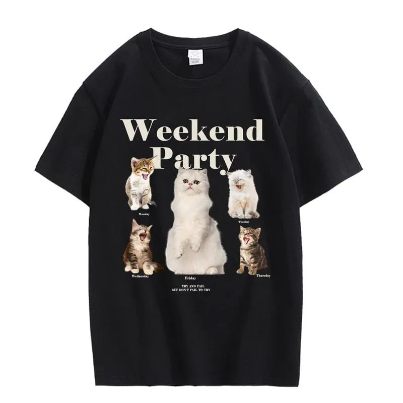 CORIRESHA Teen Cute Cat Graphic Crewneck Short Sleeve Casual Weekend Party T-Shirt