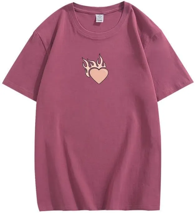 CORIRESHA Teen Cute Heart Flame Crewneck Short Sleeve Casual Cotton Valentine T-Shirt