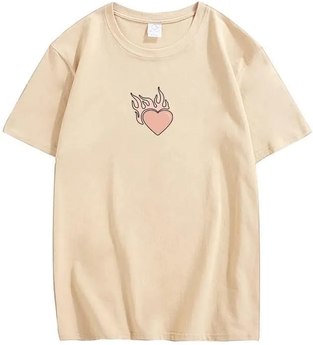 CORIRESHA Teen Cute Heart Flame Crewneck Short Sleeve Casual Cotton Valentine T-Shirt