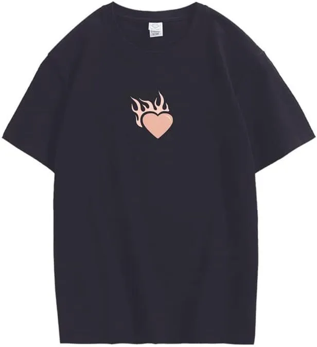 CORIRESHA Teen Cute Heart Flame Crewneck Short Sleeve Casual Cotton Valentine T-Shirt