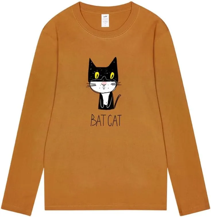 CORIRESHA Teen Funny Cat Bat Crew Neck Long Sleeves Casual Fall T-Shirt