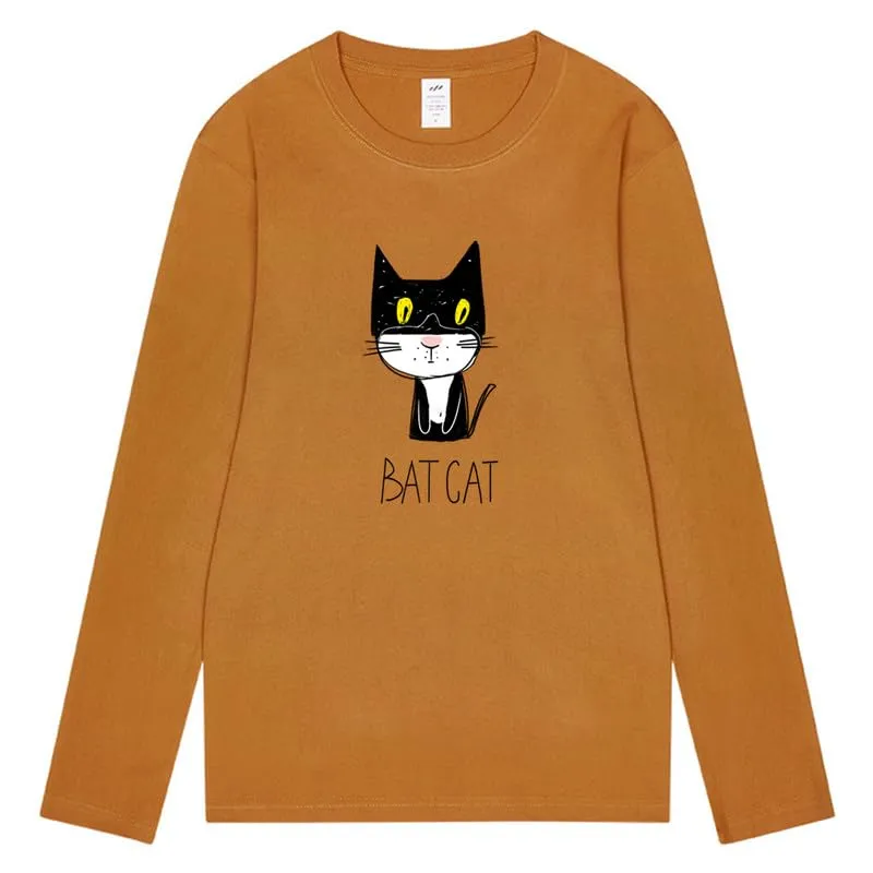 CORIRESHA Teen Funny Cat Bat Crew Neck Long Sleeves Casual Fall T-Shirt