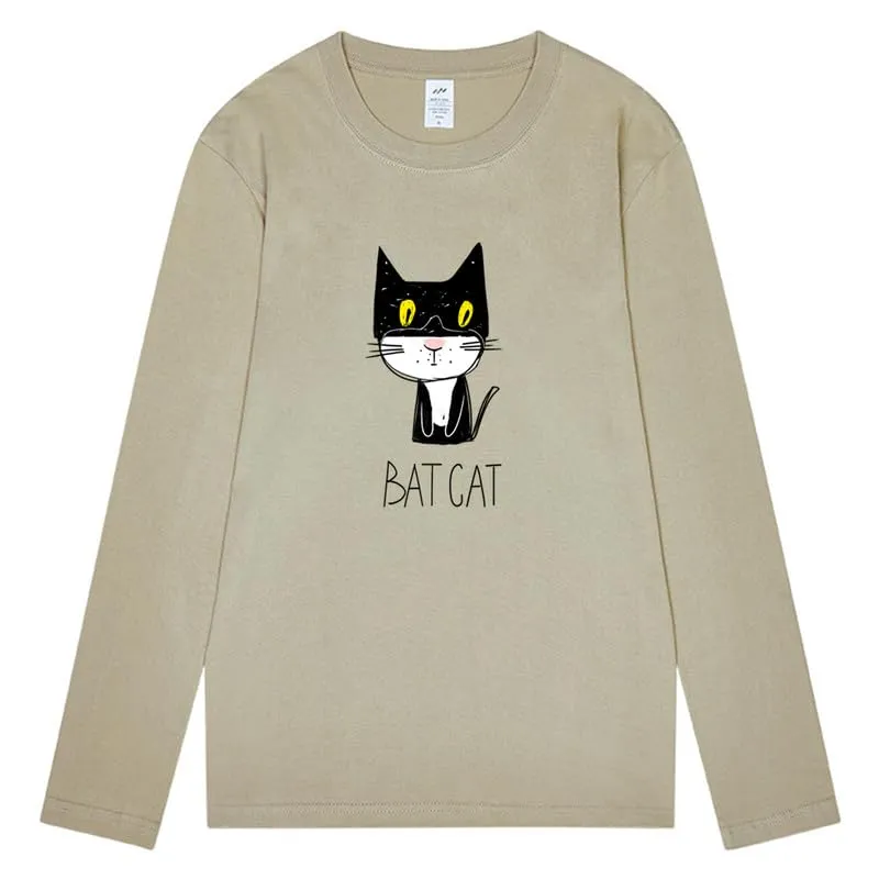 CORIRESHA Teen Funny Cat Bat Crew Neck Long Sleeves Casual Fall T-Shirt