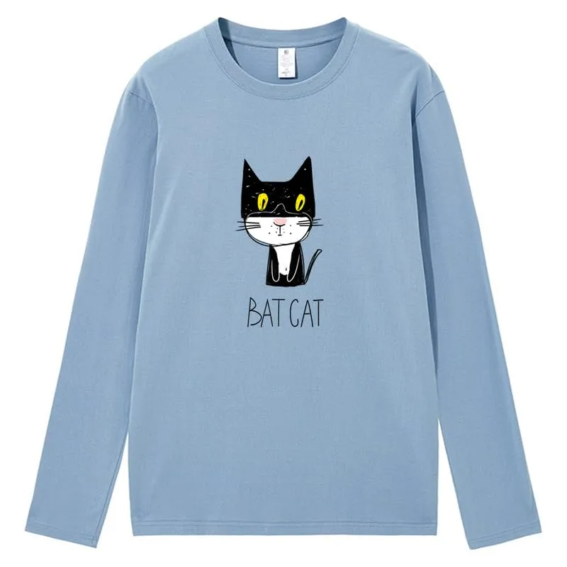 CORIRESHA Teen Funny Cat Bat Crew Neck Long Sleeves Casual Fall T-Shirt