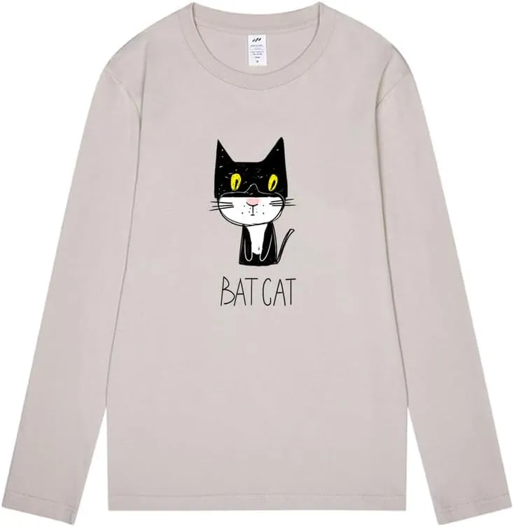 CORIRESHA Teen Funny Cat Bat Crew Neck Long Sleeves Casual Fall T-Shirt