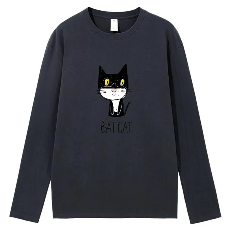 CORIRESHA Teen Funny Cat Bat Crew Neck Long Sleeves Casual Fall T-Shirt