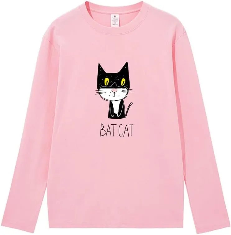 CORIRESHA Teen Funny Cat Bat Crew Neck Long Sleeves Casual Fall T-Shirt