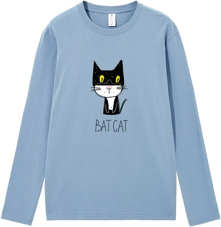 CORIRESHA Teen Funny Cat Bat Crew Neck Long Sleeves Casual Fall T-Shirt