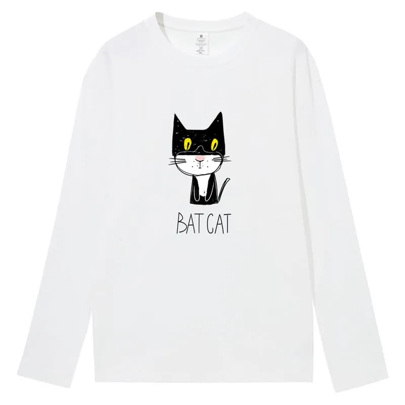 CORIRESHA Teen Funny Cat Bat Crew Neck Long Sleeves Casual Fall T-Shirt