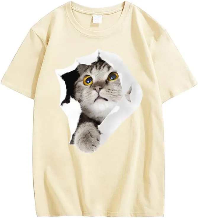 CORIRESHA Teen's Cute Cat Crew Neck Short Sleeve Casual Cozy Cotton T-Shirt