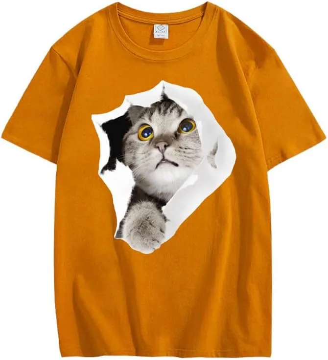 CORIRESHA Teen's Cute Cat Crew Neck Short Sleeve Casual Cozy Cotton T-Shirt