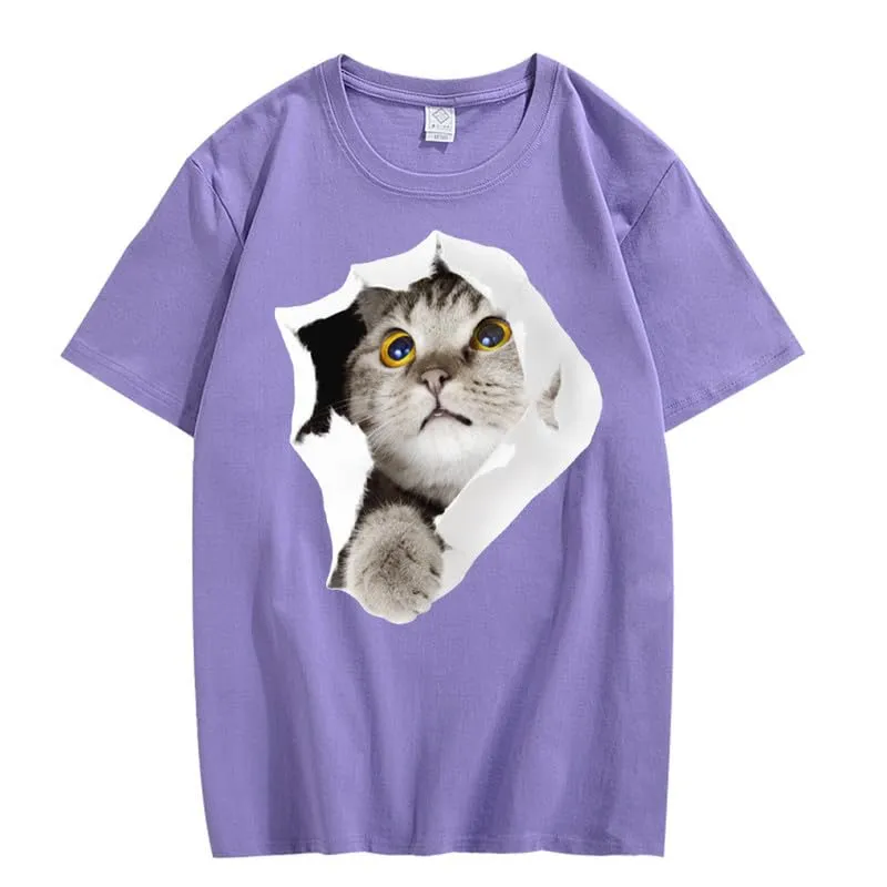 CORIRESHA Teen's Cute Cat Crew Neck Short Sleeve Casual Cozy Cotton T-Shirt