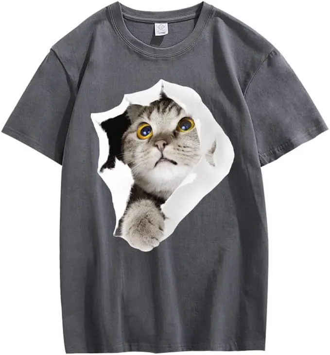 CORIRESHA Teen's Cute Cat Crew Neck Short Sleeve Casual Cozy Cotton T-Shirt