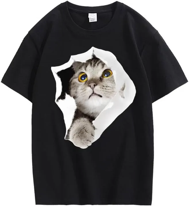 CORIRESHA Teen's Cute Cat Crew Neck Short Sleeve Casual Cozy Cotton T-Shirt