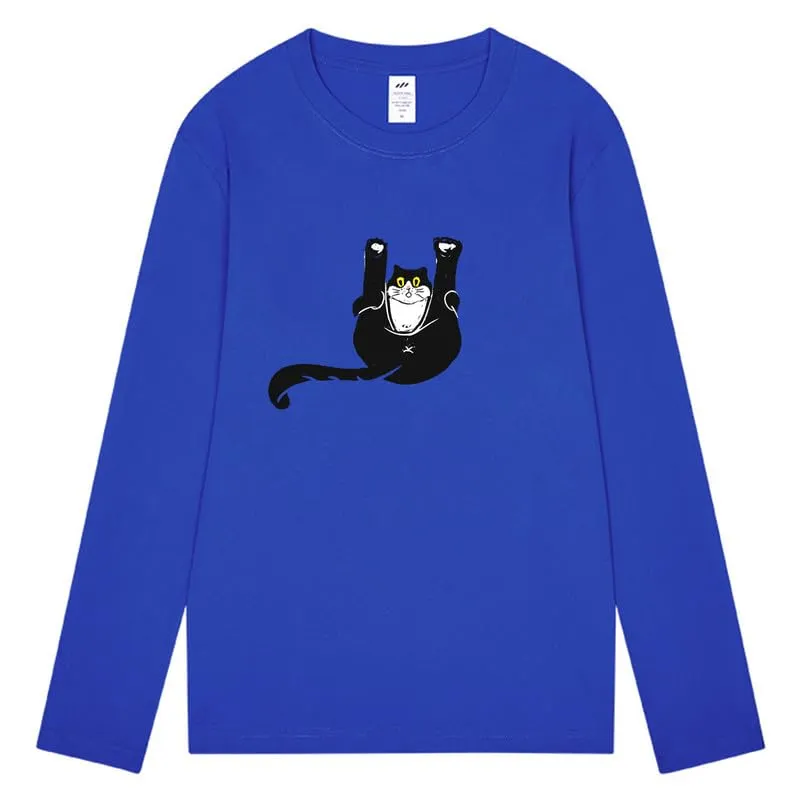 CORIRESHA Unisex Funny Cat Tops Crewneck Long Sleeves Fall Cotton Cute T-Shirts