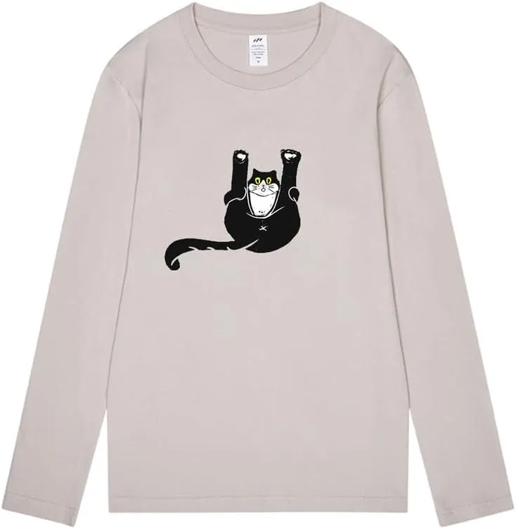 CORIRESHA Unisex Funny Cat Tops Crewneck Long Sleeves Fall Cotton Cute T-Shirts