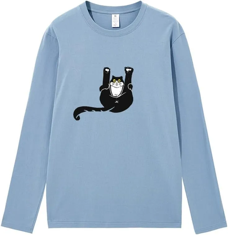 CORIRESHA Unisex Funny Cat Tops Crewneck Long Sleeves Fall Cotton Cute T-Shirts