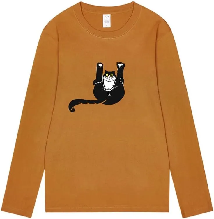 CORIRESHA Unisex Funny Cat Tops Crewneck Long Sleeves Fall Cotton Cute T-Shirts